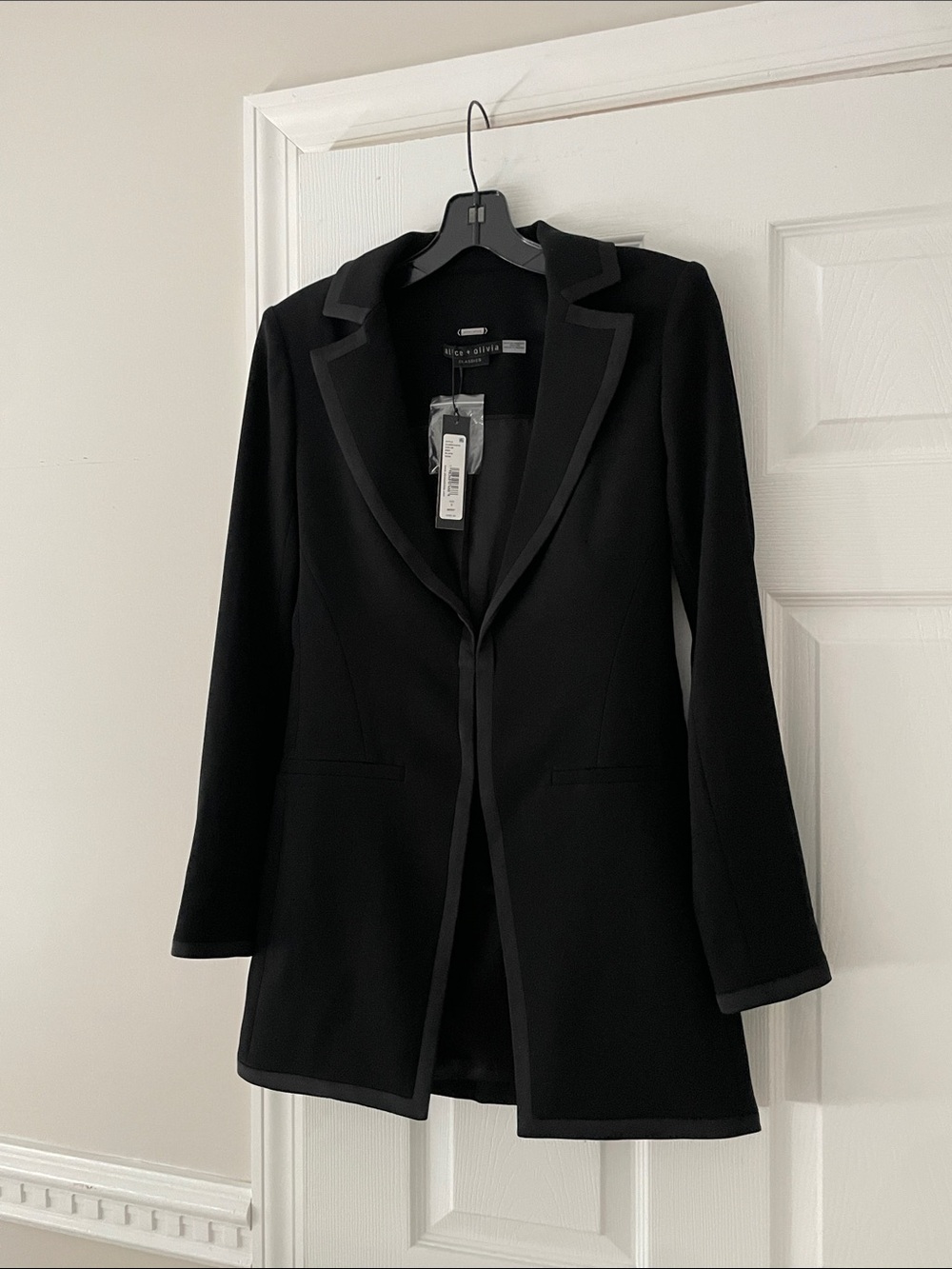 Alice + Olivia Black Long Blazer with Satin Trim